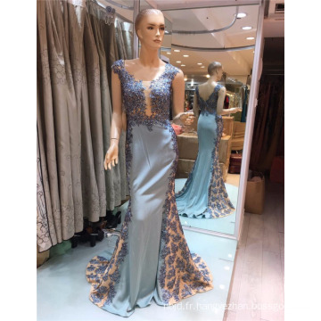 2017 Guangzhou sans manche bleu Exquise Embroided travail satin sirène prom robe de soirée